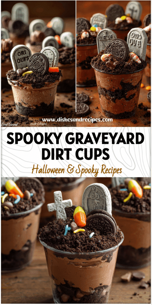 Chocolate pudding dirt cups decorated as Halloween graveyards with cookie tombstones and gummy worms.